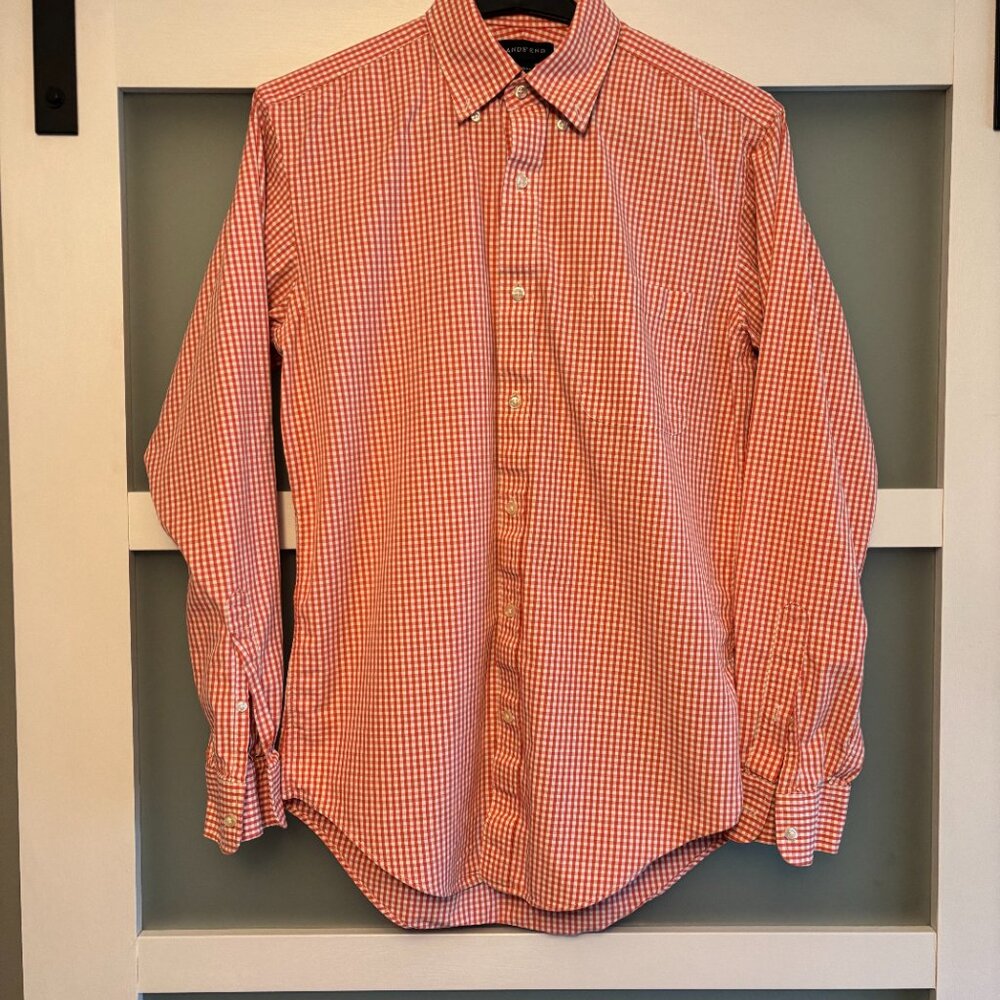 Lands’ End Tailored Fit Orange Gingham Check Long Sleeve Shirt 15-34
